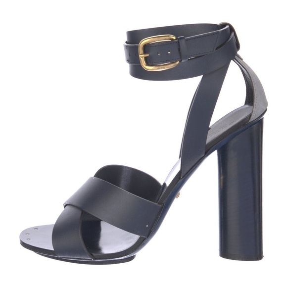 GUCCI Leather Suede Calfskin Candy Blue Marine Crossover Strap Heeled Sandals 38 - Picture 1 of 12
